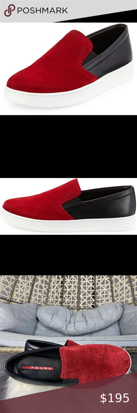 prada bicolor suede & leather slip-on sneaker red|Prada Shoes for Women .